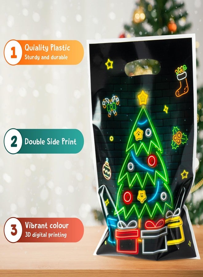 ANGOLIO 50Pcs Christmas Glow in the Dark Favors Bags Print Christmas Tree Snowman Candy Treat Bags with Handles Plastic Gifts Snack Bags Party Favor Supplies Back to School for Kids - Image 3